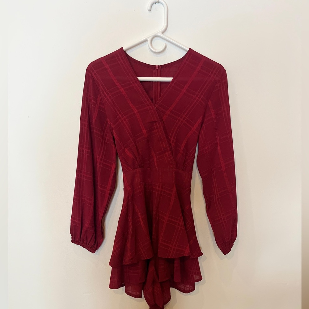 Wine Red Plaid V-Neck Romper – Long Sleeve with Ruffle Hem